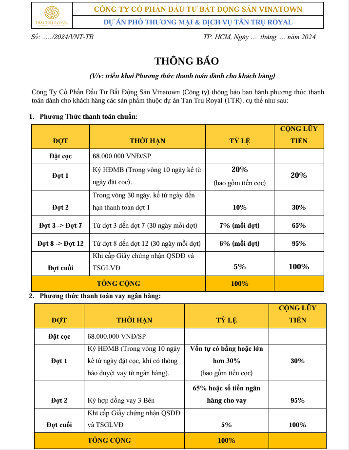 phương thức thanh toán chuẩn tân trụ royal